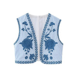 HiqdressWomen Fashion Y2k Vintage Floral Embroidery Vest Top V Neck Loose Casual Summer Woman Short Cardigan Waistcoat Chic Tops