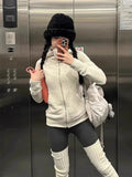 American Vintage Cropped Hoodies Women Korean Style Streetwear Grey Zip Up Hooded Sweatshirt Casual Y2k Slim Hood Shirt