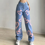 HiqdressBrown Baggy Girl Jeans Women Heart Print New Aesthetic Vintage 90s Streetwear Denim Trousers Low Waist Straight Pants