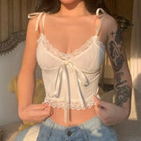 Coquette White Tank Top Women Deep V-Neck Sexy Cute Lace Patchwork Lace-up Slim Sleeveless Crop Top Y2k Camisole Summer