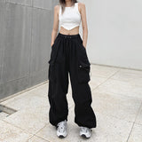 HiqdressWomen Big Pockets Cargo Pants Y2k High Elastic Waist Drawstring Baggy Trousers Vintage Casual Loose Side Zipper Straight Pants