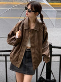 New Fall Winter Womwn American Vintage Pu Coat Zip Up Faux Leather Old Money Bomber Jacket Classical Oversize Outwear Aesthetic