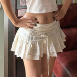 Coquette Ruffle Mini Skirt Women Y2k Sexy Cute Low Waist Bandage Patchwork Slim A-line White Short Skirt Hotsweet Girl