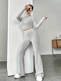 2024 Spring Knitted 2 Piece Sets Women Tracksuit Long Sleeve Vintage Sweater Crop Top Flare Pants Stretch Matching Suit Outfit