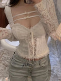 Spring Sexy Bodycon White Blouse Women Slim Korean Fashion Y2k Crop Tops Basic Casual Vintage Lace Pullover Long Sleeve