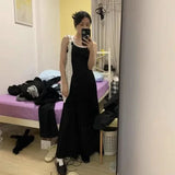 Korean Style Long One Piece Dress Women Harajuku Summer Resort Dresses Gyaru Backless Sleeveless Black Casual Vestidos