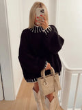 Line Patchwork Turtleneck Sweater For Women Fashion Loose Long Sleeve Knitwear Tops 2023 Autumn Winter Chic Lady Pullover