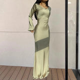 New Elegant Long Dresses Fashion Vintage Simple Round Neck Satin Flare Sleeve Lace Up Slim Evening Party Women Sexy Dress