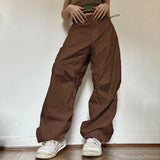 HiqdressWomen Y2K Cargo Pants Solid Low Waist Sweatpants Drawstring Wide Leg Baggy Trousers 2023 Summer Streetwear Punk Casual Tech Pant