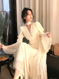 New Women's French Elegant Ruffle Irregular Long Dress Korean Fashion Fairy Pleated Party Evening One Piece Dress Spring