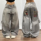 HiqdressStreet Hip Hop Retro Y2k Fashion Casual Loose Big Pocket Jeans Harajuku High Waist Straight Leg Wide Leg Trousers Baggy Pants