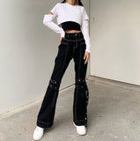 Women's Gothic Black Cargo Pants Aesthetic Harajuku Bandage Goth Pant Y2K Streetwear Vintage Punk Wide Leg Baggy Trousers