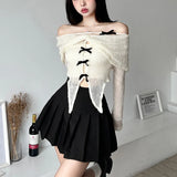 Apricot Gentle Sweet Mature Mature Beautiful Sexy All-match Casual Women Autumn One-line Collar Knitted Mesh Dovetail Top