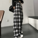 Lucyever Harajuku Black and White Plaid Pants Women Summer Casual Wide Leg Trousers Teens Hip Hop Unisex Loose Straight Pants