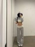 Women Korean Y2k Gyaru Outfits 2 Piece Set Patchwork Long Sleeve Cropped Hoodie + Elastic waist Long Trousers Baggy Sweat Pants