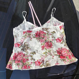 Fairy Coquette Mesh Sheer Camisole Floral Print Front Tie Up V Neck Crop Tops Kawaii Lace Trim Tank Tops Y2K Boho Holiday Vest