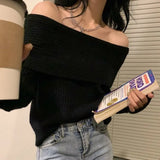 HiqdressHigh Street Sexy Off Shoulder Gray  Sweaters  Autumn New Thicked Warm Tops Women Y2k Grunge Long Sleeve Knitted Pullover