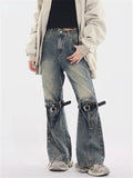 QWEEK Harajuku Retro Blue Jeans Women Y2K Streetwear Hollow Out Denim Pants Oversized 90s Vintage Hippie Punk Wide Leg Trousers