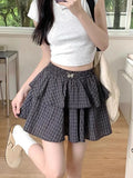 Kawaii Black Plaid Mini Skirt Women Japanese Sweet Harajuku Y2K Elastic Waist A-line Loose Ruffle Short Skirt Lolita