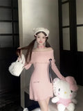 Sweet Knitted Dresses Women Summer Slash Neck Long Sleeve Bow Decoration Mini Dress Kawaii Clothes