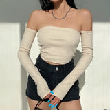 Female Crop Tops T-shirts, Solid Color Boat Neck Off Shoulder Sexy Tops Pullover with Long Sleeves for Summer Club Wear