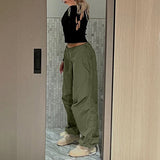 HiqdressWomen Y2K Cargo Pants Solid Low Waist Sweatpants Drawstring Wide Leg Baggy Trousers 2023 Summer Streetwear Punk Casual Tech Pant