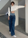 Stylish Fake Two Piece Jeans Women Patchwork Daddy Pants Female Baggy Jeans American Fashion Vintage Denim Pants Trousers Street