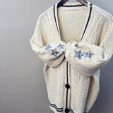 Ins Fashion V-neck Single Breasted Knitted Sweater Autumn Star Embroidered Cardigan Casual Long Sleeve Crochet Cardigan Tops