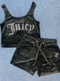 HiqdressVelvet Crop Top and Shorts Set Summer Sweatsuit Juicy Sleeveless Tank Top and Drawstring Shorts Women Casual Two Piece Set