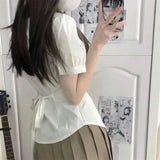 HiqdressKorean Fashion  New Spring/Summer Sexy Girl Short Sleeve Preppy Style Slim JK Bandage Shirt Women's Bow Tie Neck Blouse Top