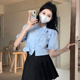 Puff Sleeve Blue Shirt Women Korean Fashion Elegant Bow Short Top Female Summer Chic Hollow Solid All Match Ladies Blouse