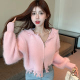 Autumn Women Cardigan Sweater Fashion Designed Zipper Loose Cropped Coats Casual Female All Match Knitted Hoodie New