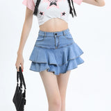 Women Ruffles Denim Skirts Summer Korean Fashion High Waist Mini Skirts Y2K Causal All Match Female Blue Jeans Skirts