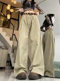 QWEEK Y2K Vintage Khaki Baggy Jeans Women Korean Style Basic White Denim Pants Oversized Harajuku Retro Belt Wide Leg Trousers