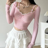 Hiqdress-Sweet Lace Stitching V-neck Skinny Top Pink Coquette Aesthetic Slim-fit Long Sleeve Knitted T-shirts Cute Casual Tees