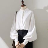 HiqdressWoman Spring Autumn Style Blouses Shirt Lady Long Lantern Sleeve Stand Collar Loose Blusas Tops