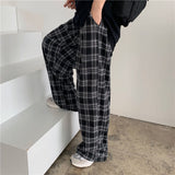 Spring Summer Plaid Casual Women's Pants Elastic Waist Retro Straight Wide Leg Trousers For Girls