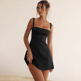  Summer Lovely Spaghetti Strap A Line Dress Elegant Satin Black Holiday Party Dresses High Strecth Women Dresses 