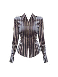 Women Vintage Striped Single-breasted Shirts Long Sleeve Slim Blouses Classical Old Money Office Lady Gyaru Korean Maillard New