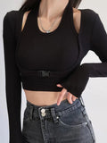 Slim Fit Long Sleeve T-shirts Women Solid Stylish Simple Chic Halter Fake-two Pieces Crop Tops Female All-match Fashion