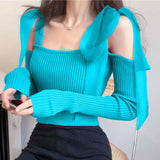 HiqdressSpring New Women's Fashion Bandage Knit Tops Korean Lady Sexy Short Off-Shoulder Sweater Daily Joker Tops Streetwear Female