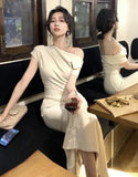 Women Elegant Solid Long Dress Summer Fashion Off Shoulder Chic Bodycon Evening Party Dresses Korean One Piece Clothing 2024