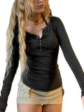 HiqdressWomen s Spring Autumn Slim Tops Black Long Sleeve Button Down Ribbed Skinny T-shirt