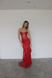 Sexy Red New Floral Sequin Photography Photo Shoot Dress Props Lace up Back Illusion Prom Party Dresses Plus SIze