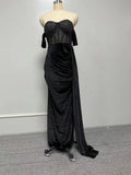 Sexy Backless Evening Party Dress for Women Black Lace Chest Wrapping Off the Shoulder Split Mermaid Prom Gown Maxi Dresses