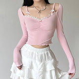 Hiqdress-Sweet Lace Stitching V-neck Skinny Top Pink Coquette Aesthetic Slim-fit Long Sleeve Knitted T-shirts Cute Casual Tees