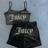 HiqdressVelvet Crop Top and Shorts Set Summer Sweatsuit Juicy Sleeveless Tank Top and Drawstring Shorts Women Casual Two Piece Set