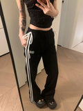 Y2k Black Striped Sweatpants Woman Korean Fashion Spring Gyaru Wide Leg Sports Pants Streetwear Harajuku Trouser Kpop