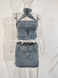 HiqdressWomen Halter Backless Sexy Denim Top Hig Waist Shorts New Two Piece Set Temperament Fashion Spring Summer