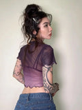 Summer Crop Top Mesh Tops Short Sleeve Purple T Shirt Women Clothes Sheer See Through Gothic Floral Tees Y2k Chic Tshirt